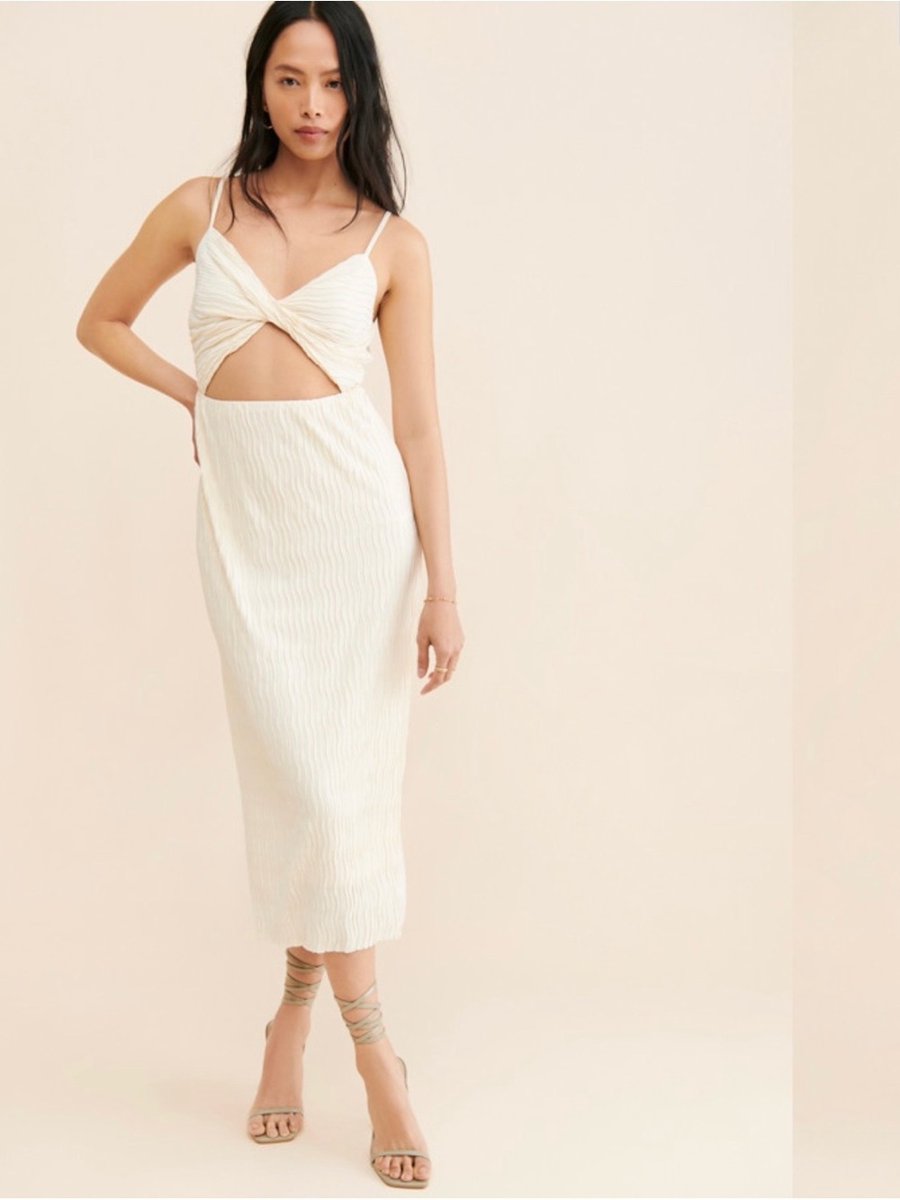 Cream Twist Front Cutout Midi Dress